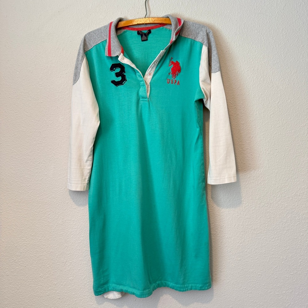 USPA Women Teal Colorblock Polo Dress 3/4 Sleeve Mini L